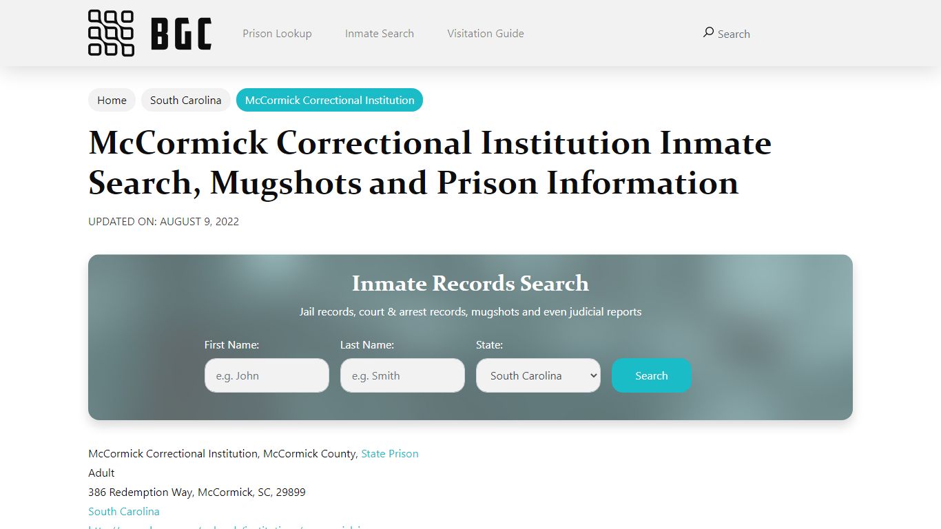 McCormick Correctional Institution Inmate Search, Mugshots , Visitation ...