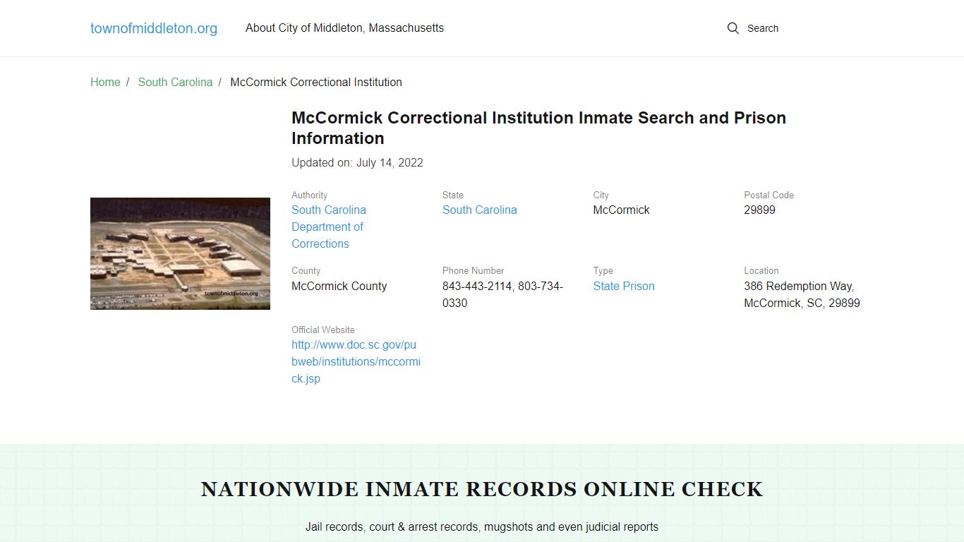 McCormick Correctional Institution Inmate Search, Visitation, Phone no ...