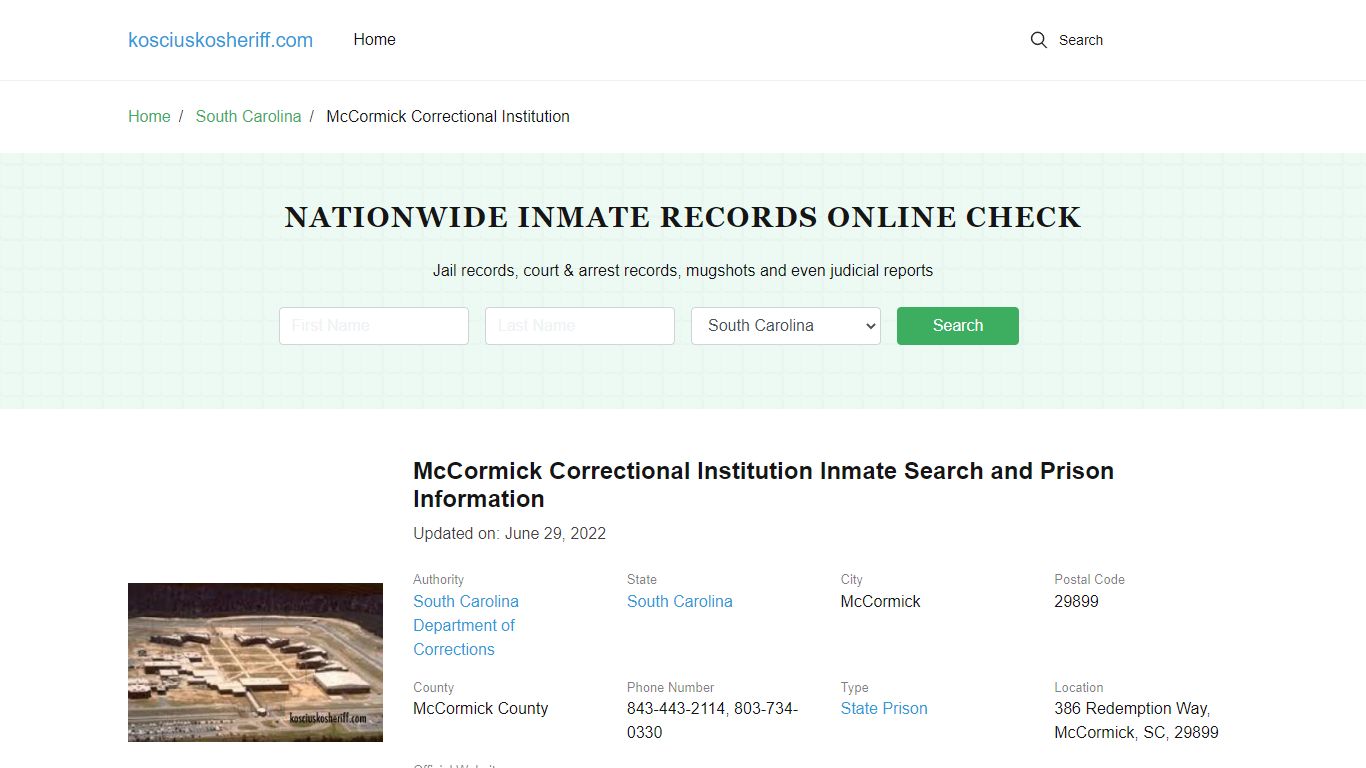 McCormick Correctional Institution Inmate Search, Visitation, Phone no ...